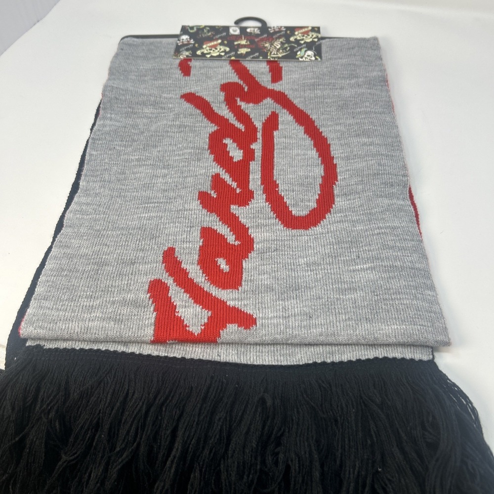 NWT Ed Hardy Gray Knit Scarf With Black Fringe Logo And Tiger Y2K